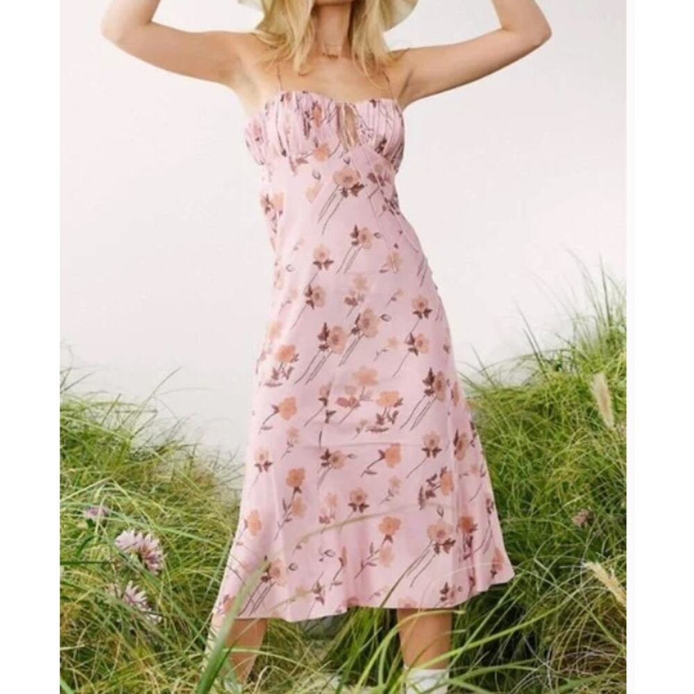 ASOS Design Satin Pleated Bust Coquette Slip Midi Dress Size 8 Pink Floral Fairy